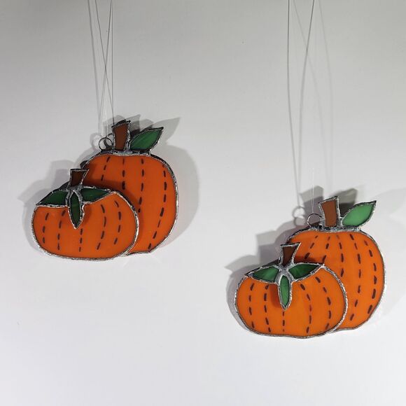 Stained Glass Pumpkin Sun Catcher Jack O'Lantern Window Hanger Set 2 Halloween - Picture 6 of 6
